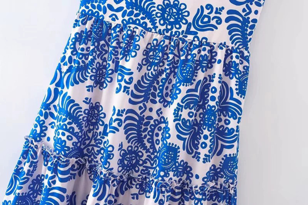 Spring Blue Floral Print Strappy Dress